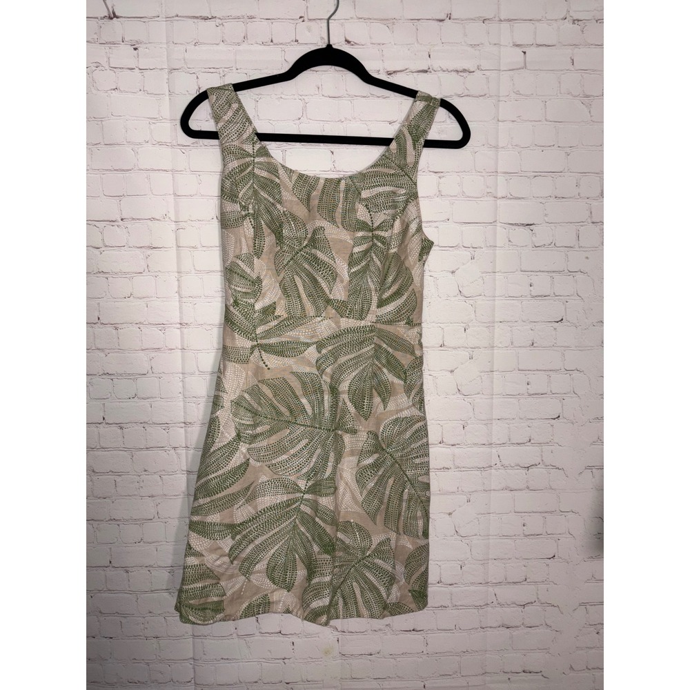 Japna Green Tropical Monstera Leaf Print Smocked Back Mini Flax Cotton Dress SM